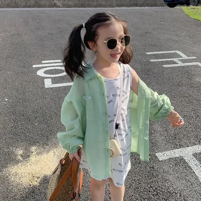 Girls Shirt and Sun-Proof Clothing 2024 Summer New Korean Style Western Style Children's Thin Coat Thin Long Sleeve Shirt