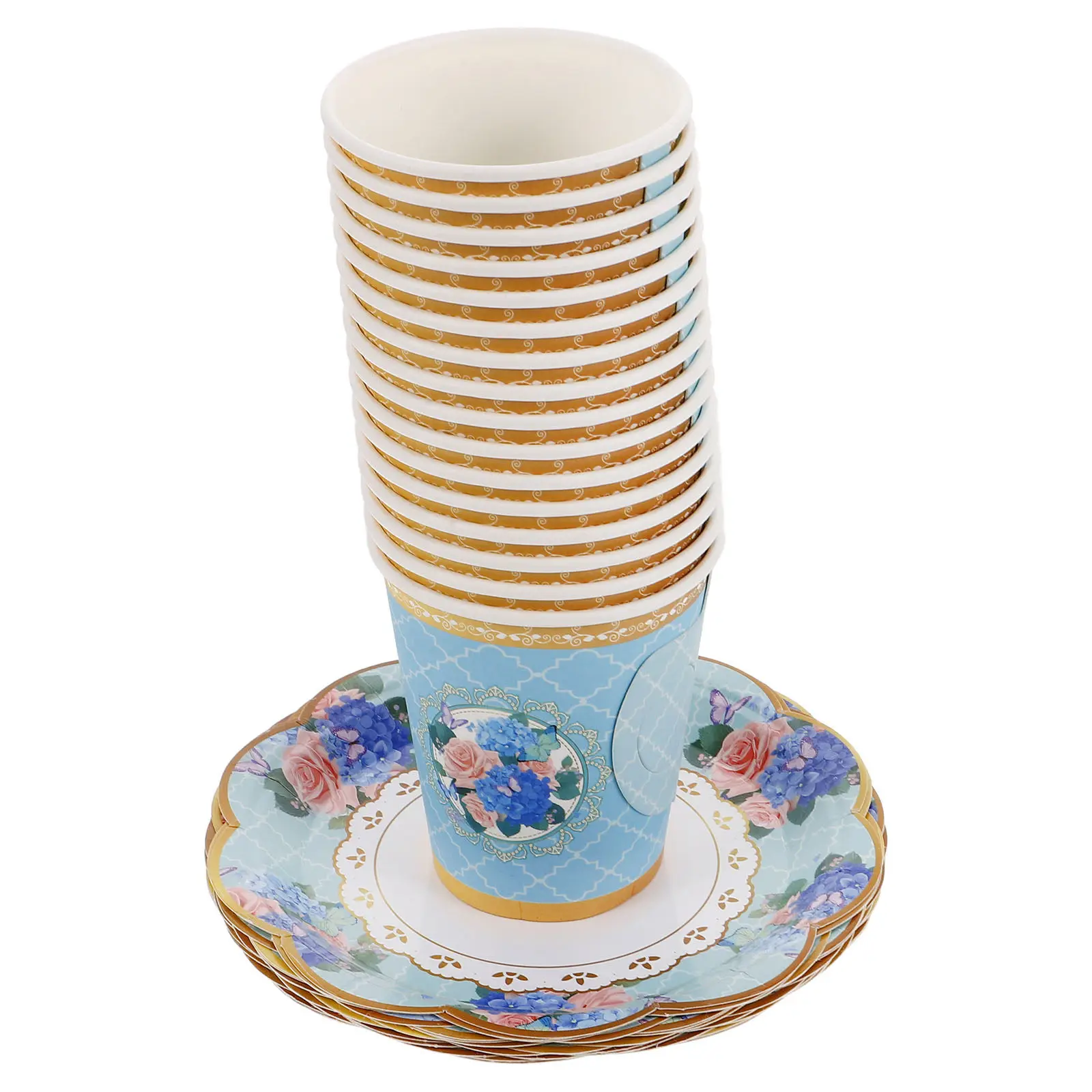 1Set Decorative Floral Tea Party Plates and Cups Set European Vintage Style Disposable Tableware Scalloped Edge for Afternoon