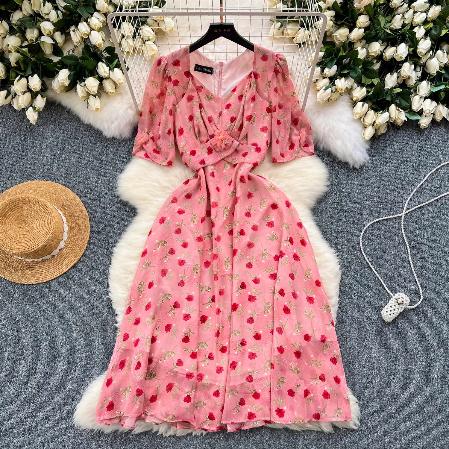 

Vintage Elegant V Neck Short Sleeve Print Bandage Dress A-line Fashion Chiffon Spring Autumn Vestidos Women Dresses