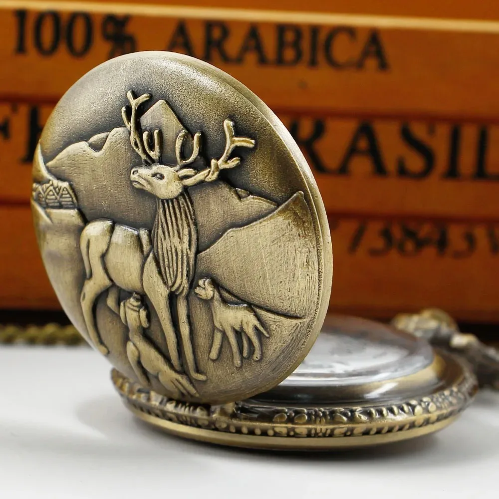 동물 엘크 양각 석영 주머니 시계 체인 남자와 여자의 빈티지 매력 Steampunk 펜던트 목걸이 시계