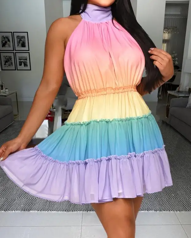 

Women's Sweet Party Dress 2024 Spring Summer Latest Sexy Ombre Halter Backless Ruffles Mini Dress Tie Dye Vacation Short Skirt