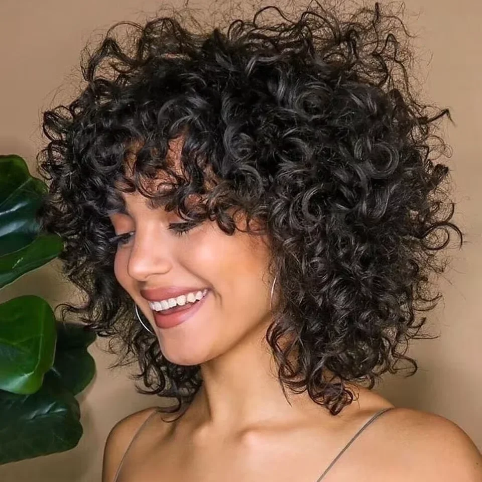 Kinky Curly Human Hair Wig Short Bob with Bangs for Black Women 100% Human Hair Machine Made Afro Curly Style Pre Plucked Natural Look Daily Wig