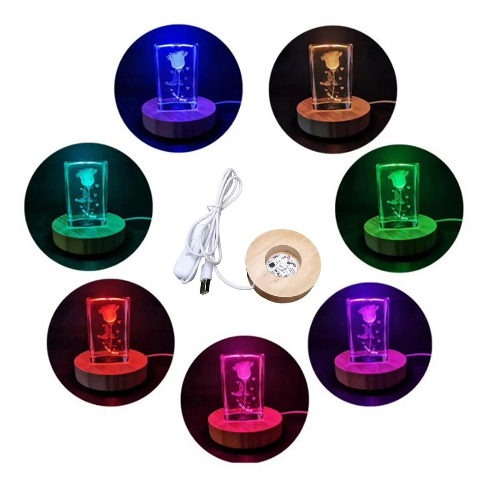 LED Lamp Base, 70mm Wooden Lights USB Powered Lamp Base Stand for Jewelry Resin Material Art Vase Acrylic