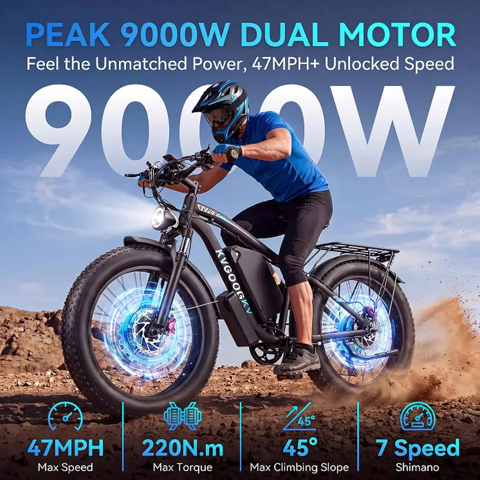 9000W Peak Electric Bike for Adults,58V Max-Output 1972Wh Dual Motor Ebike,47MPH 105 Miles Long Range,24" x4.0 Fat Tire Lockable image 4