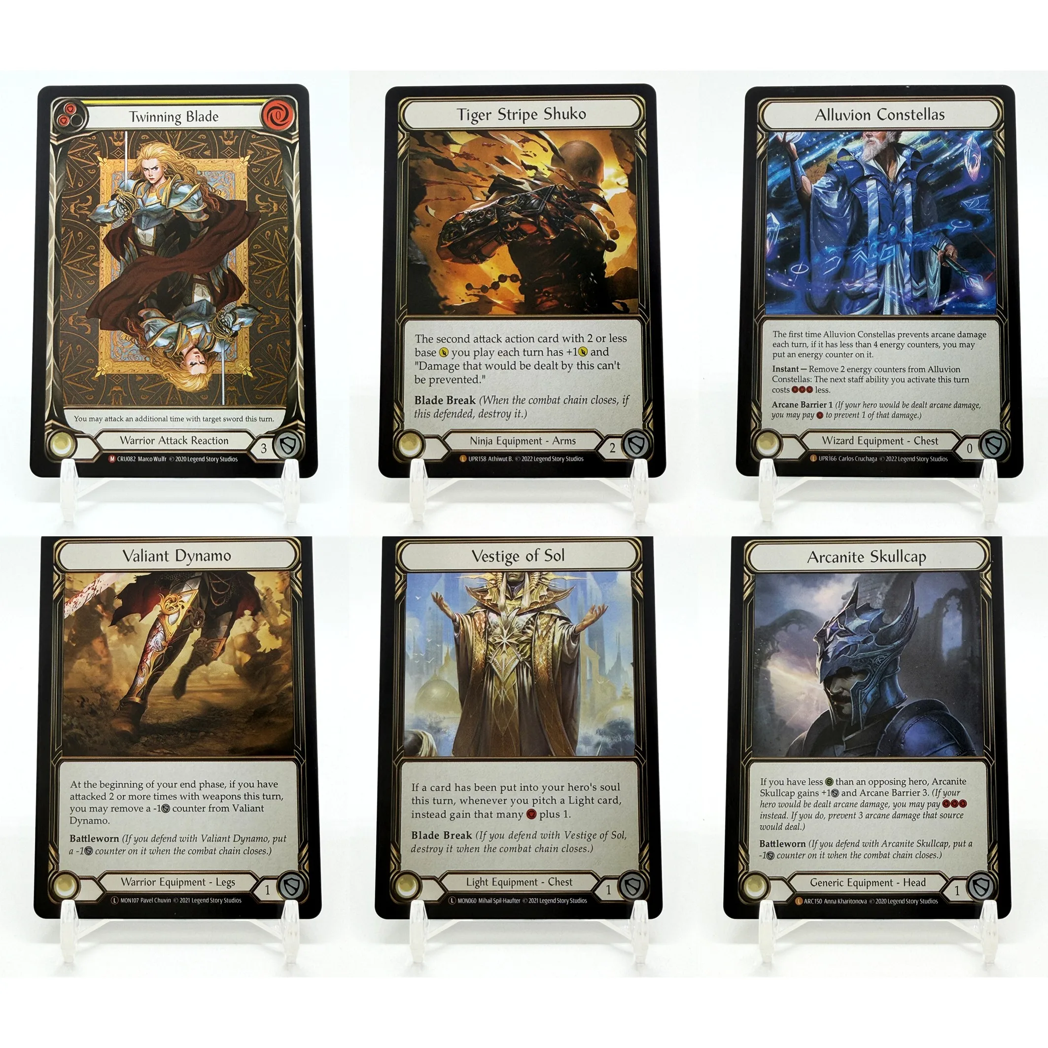 Flesh and Blood TCG (FAB) Legendary Equipment Set: Arcanite Skullcap Valiant Dynamo, Tiger Stripe Shuko - DIY Custom Proxy Cards