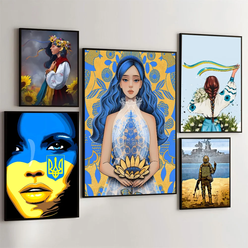 Ukraine Flag Girl Pattern Classic Anime Poster Self-adhesive Art Waterproof Paper Sticker Coffee House Bar Room Wall Decor