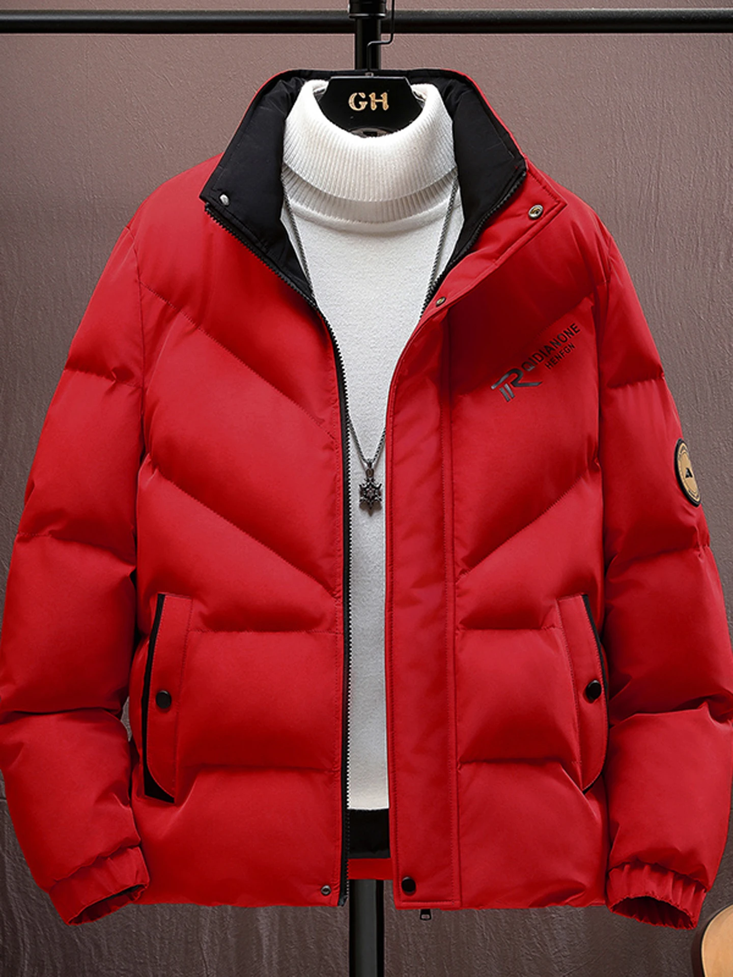 

Мужская утепленная хлопковая куртка с воротником-стойкой, красная, на пуху, зимняя верхняя одежда, теплая, приталенная, повседневная, с длинными рукавами, полиэстер