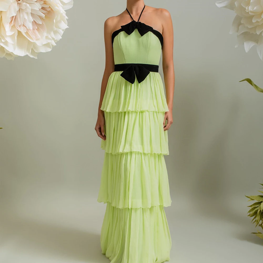 

Green Tiered Chiffon A-Line Black Bow Exquisite Evening Dress Sweep Train Open Back Formal Button Sleeveless Halter Floor Length