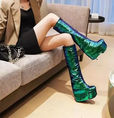 Sliver Green Black Fish Scales Bling Sequins Metal Thin Heels Platform Knee High Pants Boots Women Round Toe High Heel Boots