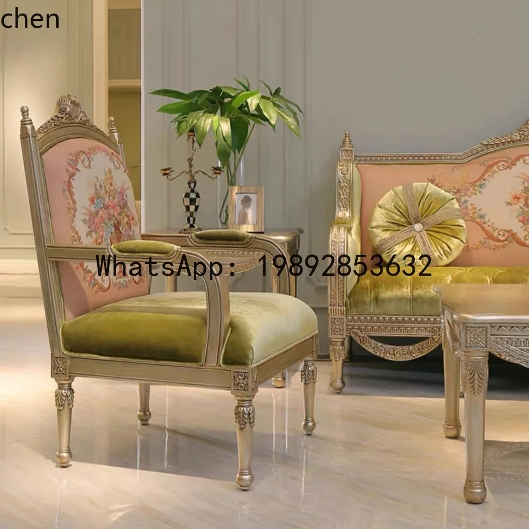 YFY  French Style Solid Wood Living Room Sofa Set Palace Style Villa TV Cabinet Coffee Table Pink Green Printed Fabric Sofa