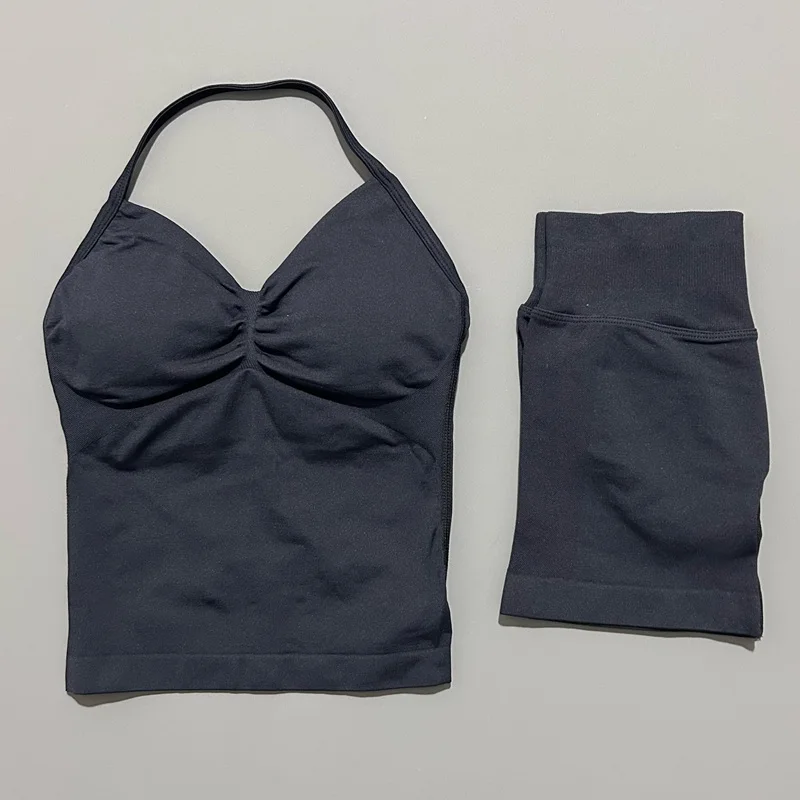 2-delige Histello sportset dames lange top met bandjes naadloze yoga tank scrunch butt workout shorts pak gym sportsets
