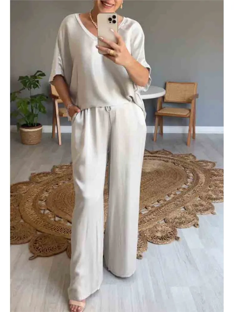 Elegant V-neck Short-sleeved Solid Color Top + Wide-leg Pants Two-piece Set For Women Autumn Fashion Casual  Loose Suit Female