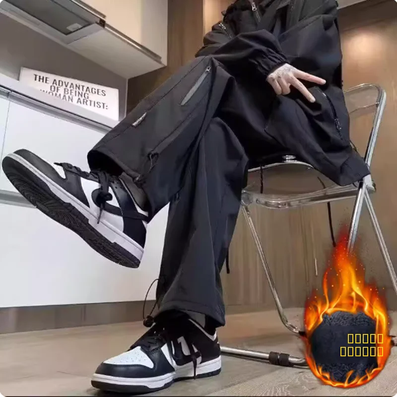 

Men's Fce Lined Windproof Waterproof Casual Sports Workwear Trousers Autumn Winter New Arrival Straight Leg Zipper Decorated