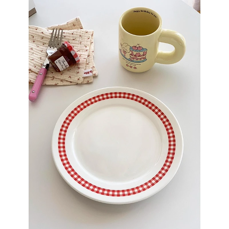 Керамическая тарелка в скандинавском стиле Ins, красная клетчатая тарелка для ресторана, дома, десертные тарелки, суповая тарелка, тарелка для стейка в западном стиле, Рождественский подарок
