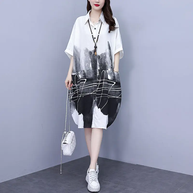 Female Clothing Fashion Ink Painting Shirt 2023 Spring Summer Casual Loose Pockets Single-breasted Commute Polo-Neck Midi Blouse