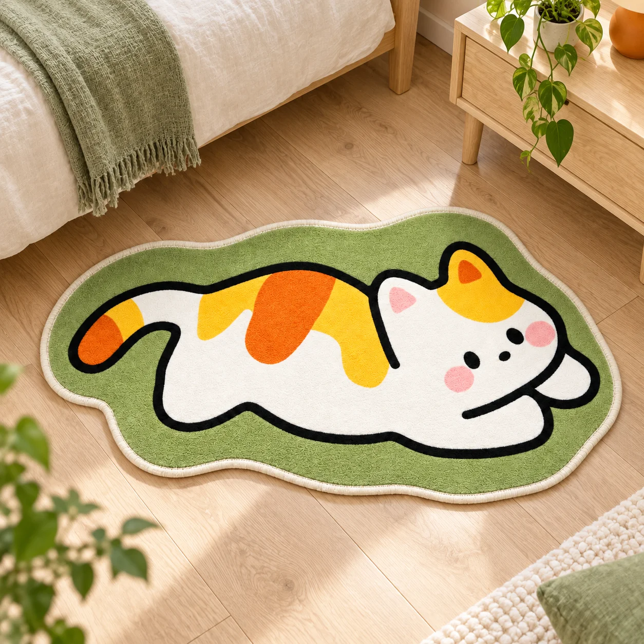 Jump Calico Cat Shaped Flannel Rug, Creative Irregular Area Floor Mat for Bedroom Living Room Bathroom Entryway Home Decor Gift