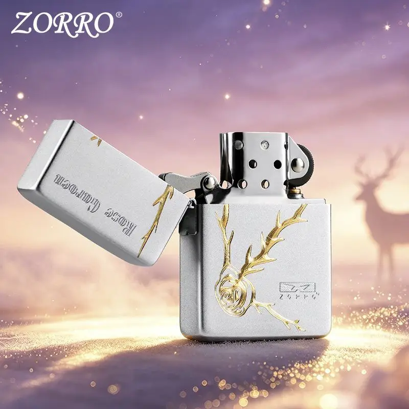ZORRO 906 external hinge sand chrome knife engraved rose love windproof fuel lighter, classic windproof grinding wheel lighter