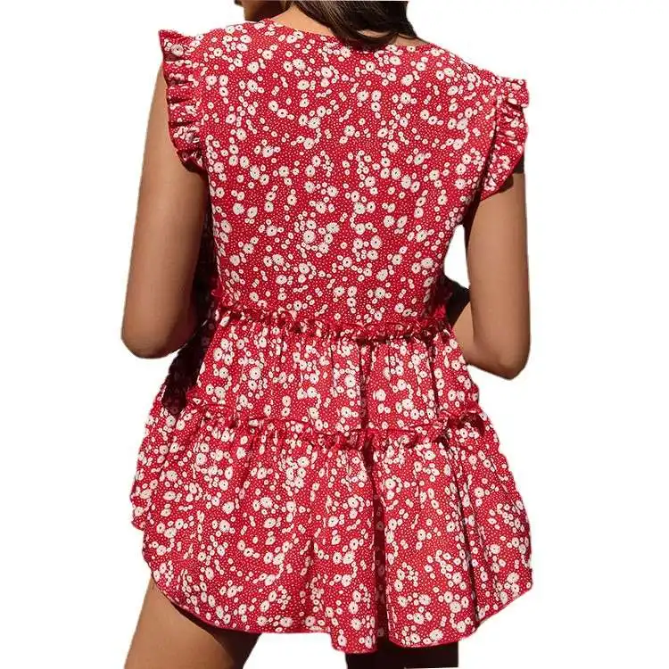 新しい夏の花柄シャツ甘いレジャー休暇スタイルの女性のドレスポリエステル繊維 00% 半袖プリントパターン