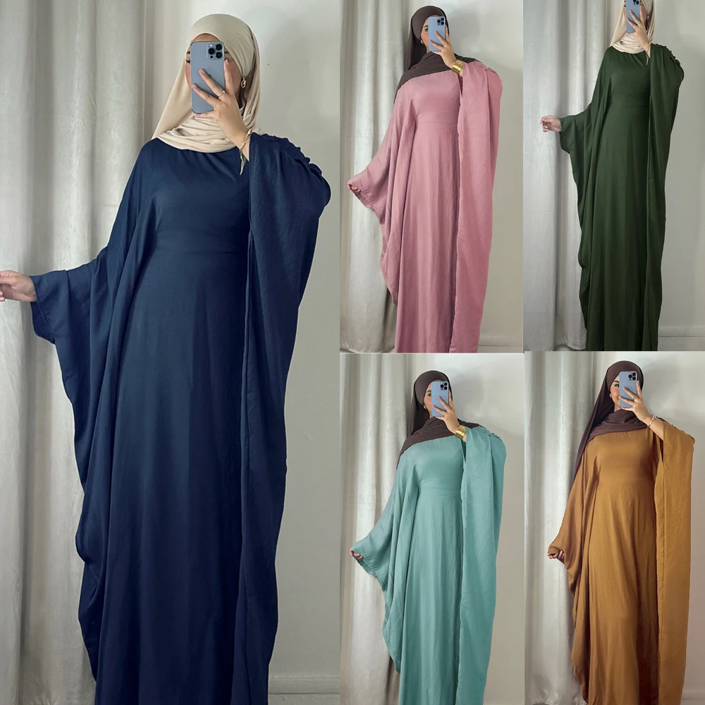 

2024 Ramadan Muslim Women Batwing Sleeve Smock Maxi Dress Islamic Jalabiya Prayer Garment Burqa Dubai Abaya Kaftan Djellaba Robe