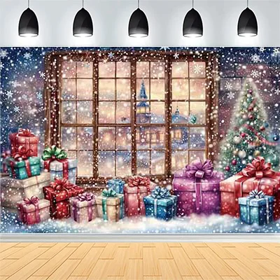 Christmas Day New Year Party Photography Backdrops Prop Window Living Room Interior Xmas Tree Snow Theme Photo Background VF-51