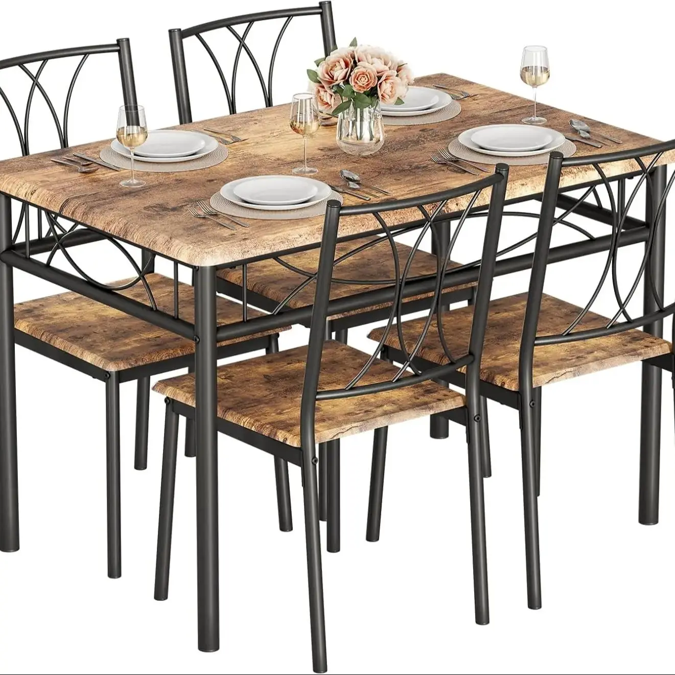 -piece dining table set, kitchen table and chairs for 4 people, easy to clean, metal frame, wooden tabletop, small space, di