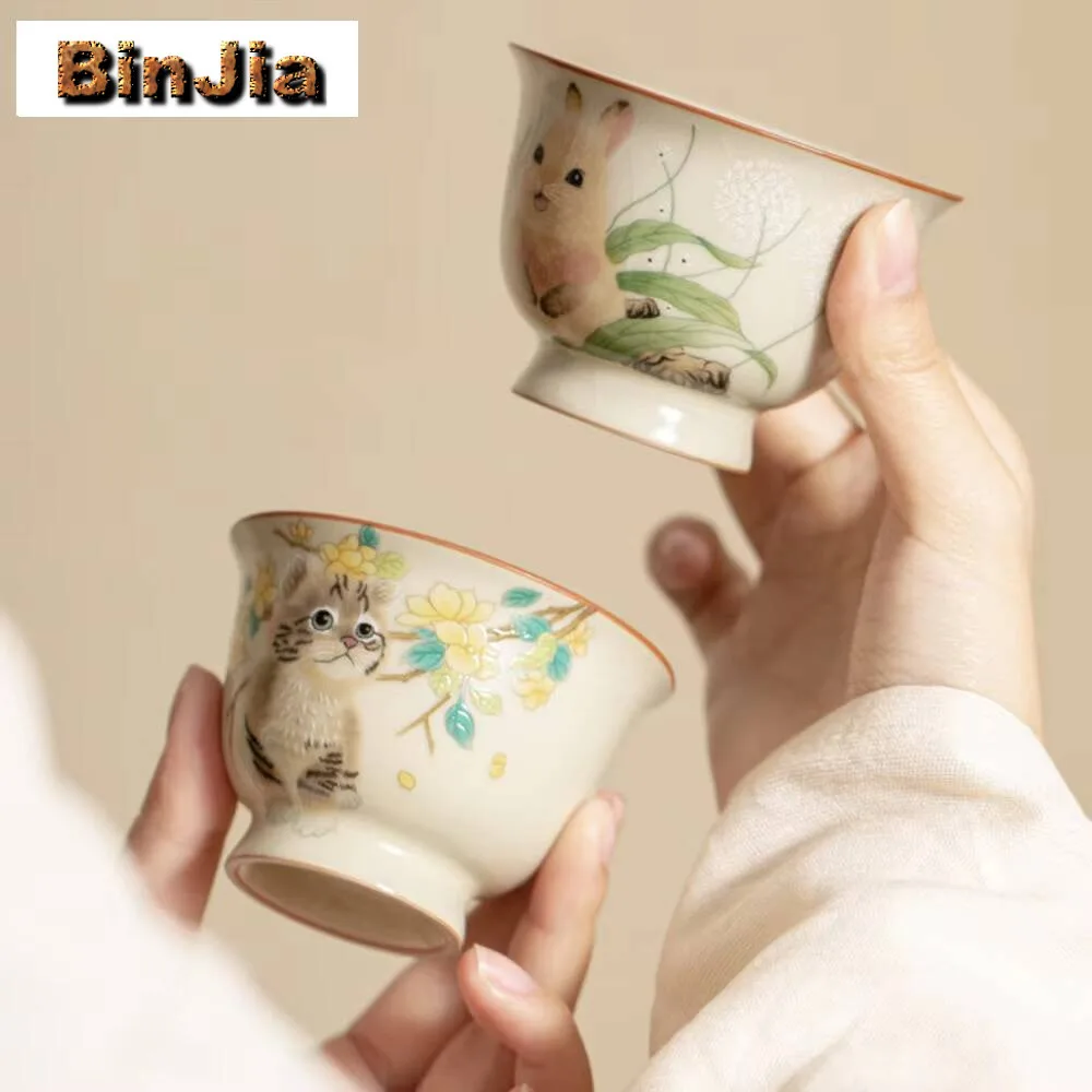 

2 шт./лот, чашка с милым котом и высокими ножками, ретро-рисовая желтая чашка Ru, открывающаяся печь, мастер-керамическая медитация, чажан, кунг-фу, чайные аксессуары, 70 мл