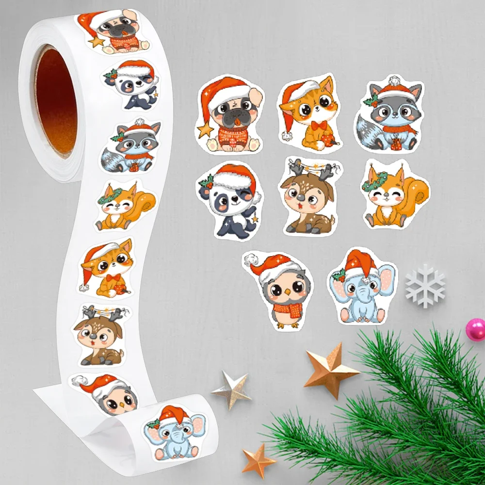 500pcs/roll Heterotypic Christmas Themed Animals Stickers 8 Designs 2.5cm/1.0'' DlY Graffiti Holiday Party Decoration Labels