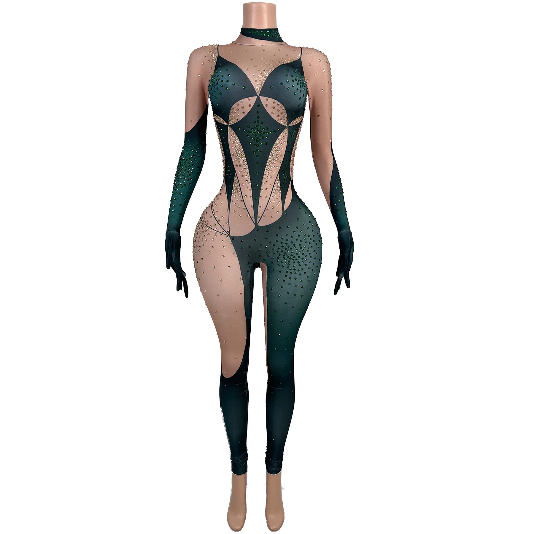 Lvbishou Luxury Emerald Green Skin Mesh Crystal Full Body Jumpsuit Thin Straps Attached Hand Gloves Footed Nightclub Rave Outfit