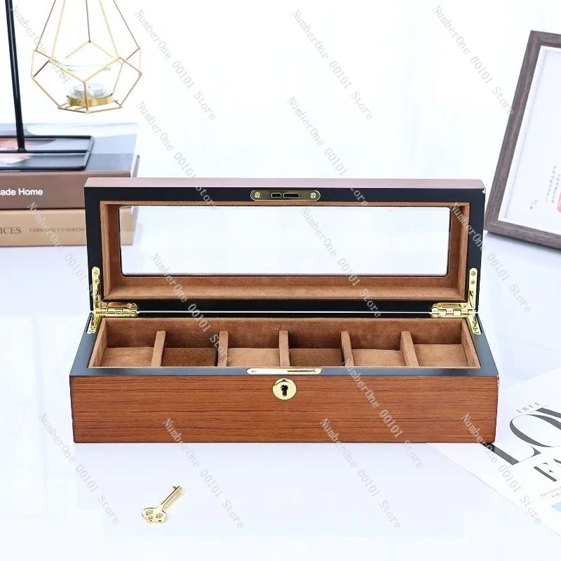 Vintage Black Spade Wood Grain Lacquered Matte Watch Display Box with Lock, Dust-Proof Storage for Watches and Accessories