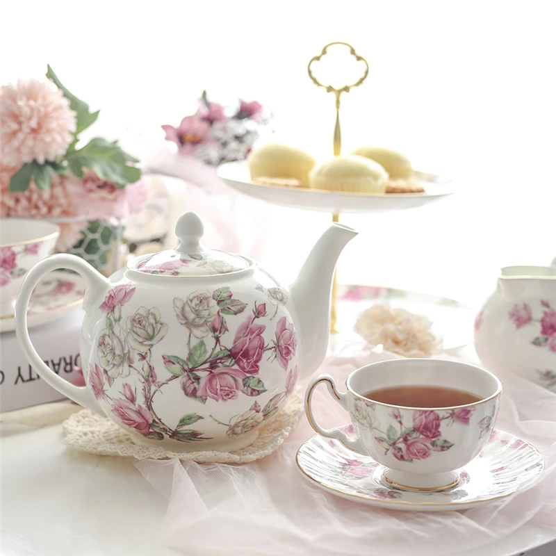 Ceramic Coffee Cup Pot Set Sugar Jug Milk Pot British Tea Set Warmhouse Gift Retro Bone China Pink Rose Printed Dessert Plate