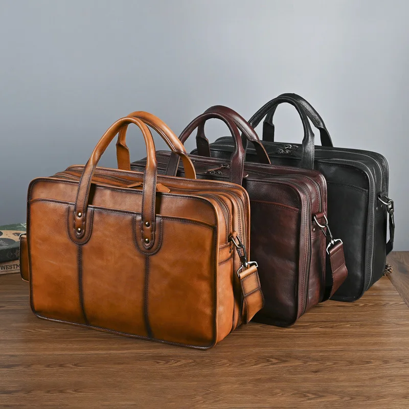 Genuine Leather Men's Briefcase with Multiple Compartments for Business