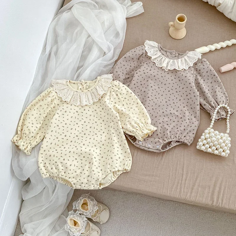 2024 New Autumn Newborn Baby Girls Bodysuits Long Sleeved Cotton Flower Print Korean Style Climbing Suit 0-24M Children Clothes