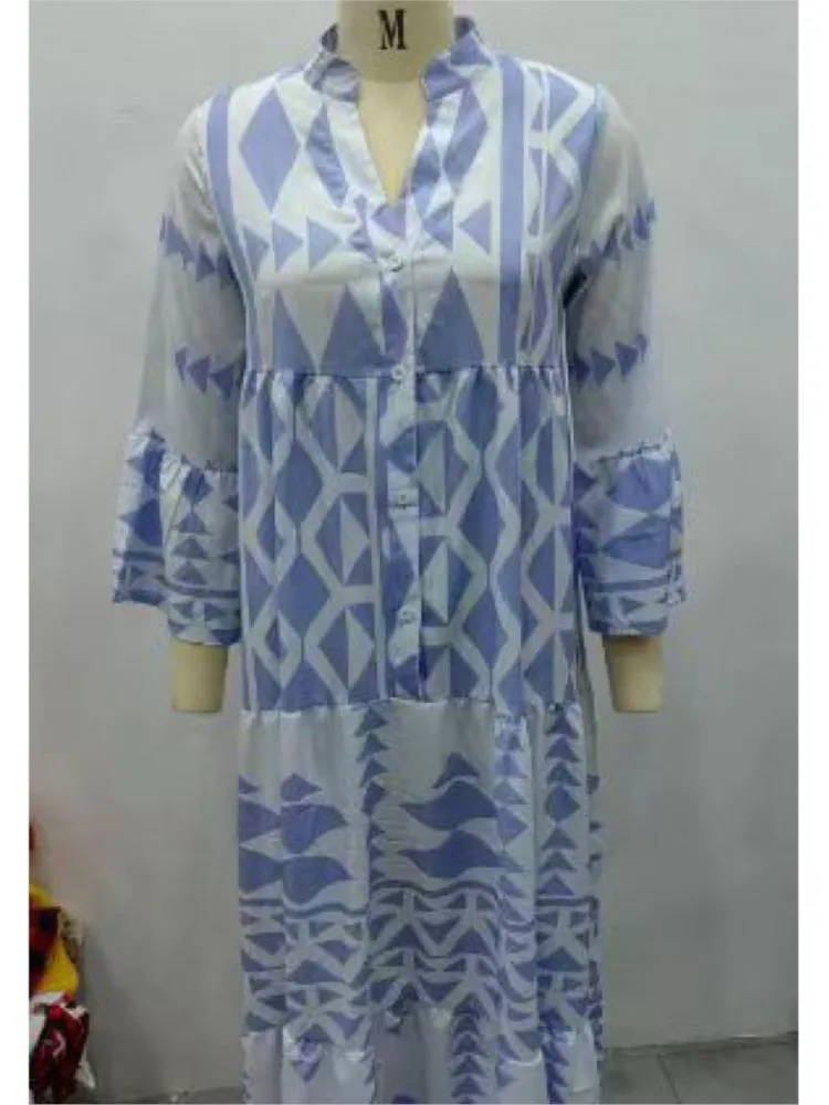 Spring Autumn Women\'s New Fashionable Printed Shirt Skirt Sexy V-neck Nine Quarter Sleeve Bohemian Button Dress