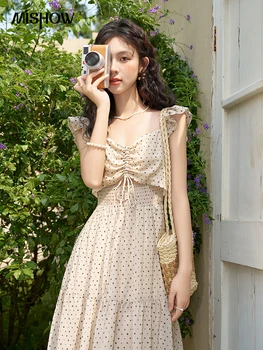 MISHOW Sexy Polka Dot Kleider für Frauen 2024 Sommer Neue Fliegende Ärmel Lange Gefälschte Zwei Stück Französisch Kleid Frau Kleidung MXD28L1902