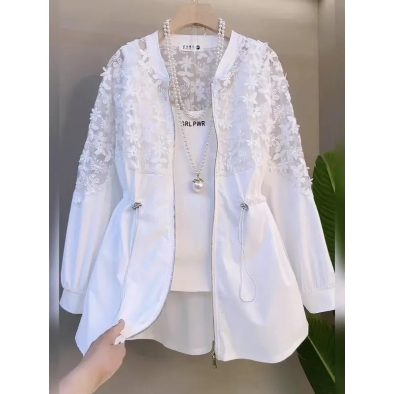 Female Autumn Spring Coat Tops Montage Lace Flower Large Retro Comfortable Leisure Fashion Senior Soft Minority Versatile Thin