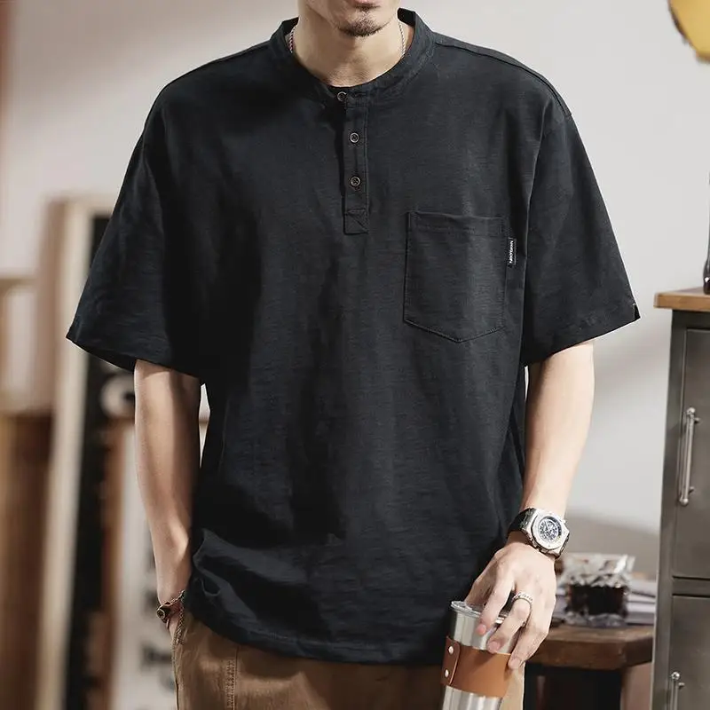 Extra Large T-Shirt for Men 150kg Summer American Henry Neck Retro Loose Oversized Casual Tee