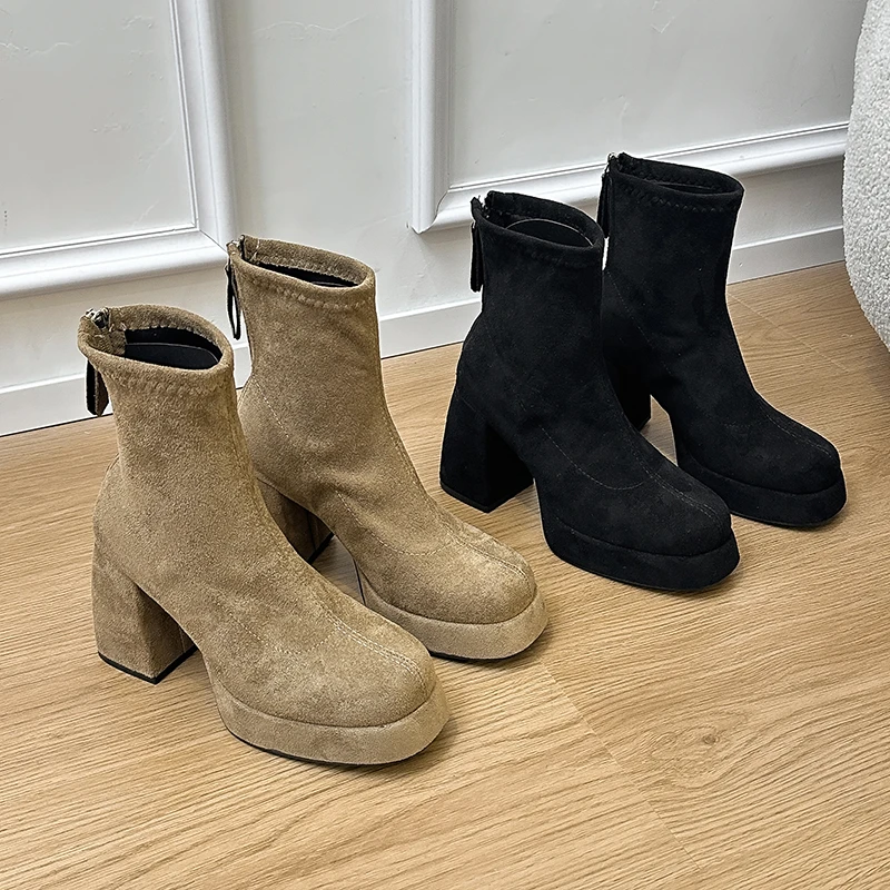 2026 Neue Herbst-Winter Retro Dicksohlige Hochhackige Damenstiefel mit Rückenreißverschluss Kurze Stiefel Modische Vielseitige Damenschuhe – Detail 19