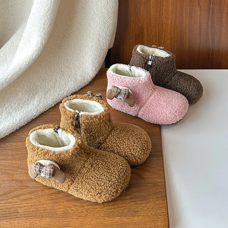 

Новинка 2025 года, зимние детские зимние сапоги, теплые плюшевые босиком с милым кроликом, детская хлопковая обувь для малышей, модные ботинки для девочек, размеры 22–30 лет