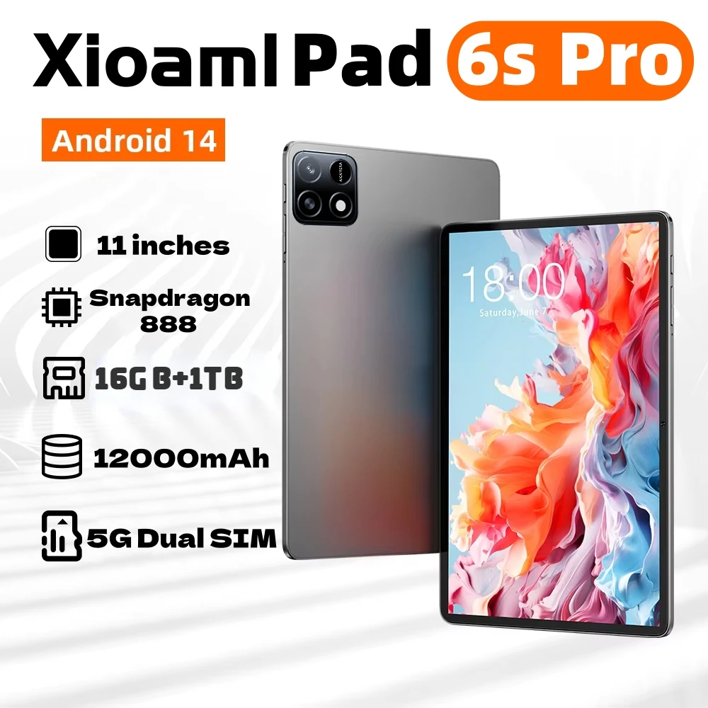 

2024 Original Pad 6S Pro 11Inch 4K HD Android14 Snapdragon 888 16GB + 1TB 12000mAh 5G SIM Dual Bluetooth5.0 WiFi GPS Mi Tables