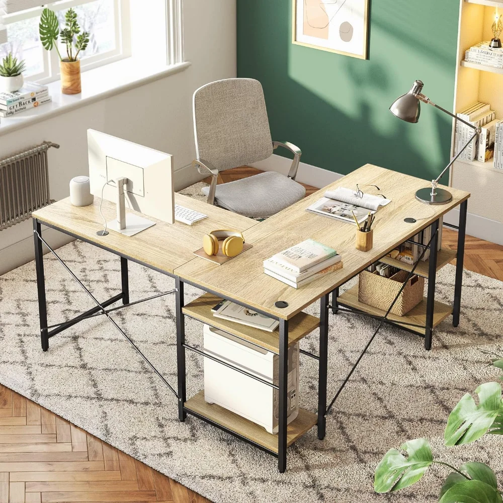 95.2” L Shaped Desk, Reversible Corner Computer Desk or 2 Person Long Table with Adjustable Shelves, Large Writing