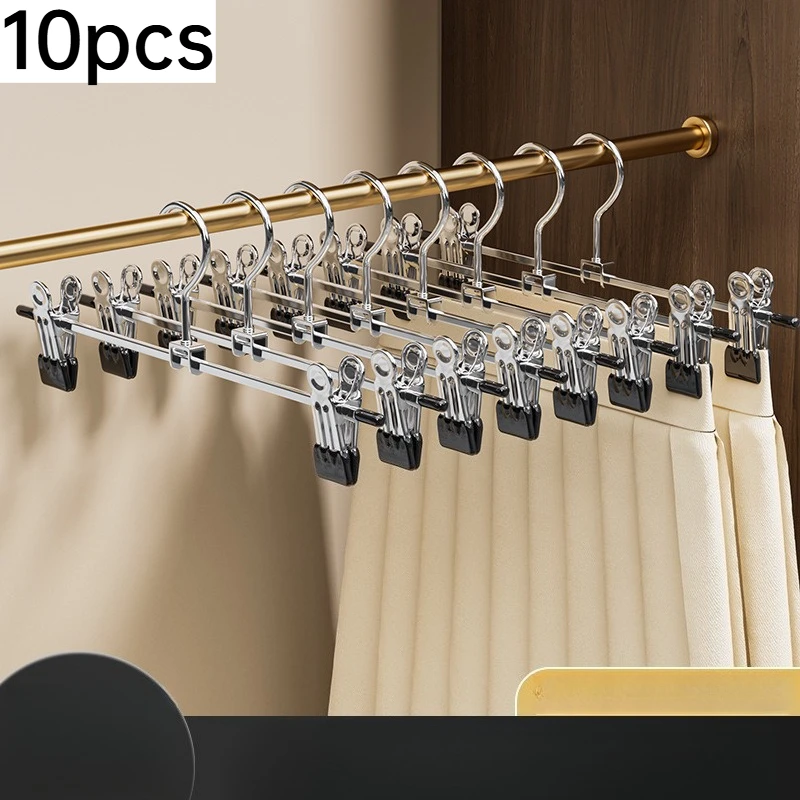 10pcs Non-slip Pad Adjustable Clamp Chrome Metal Trousers Hanger Clip Hanger Wardrobe Skirt Pants Anti-wrinkle Drying Rack