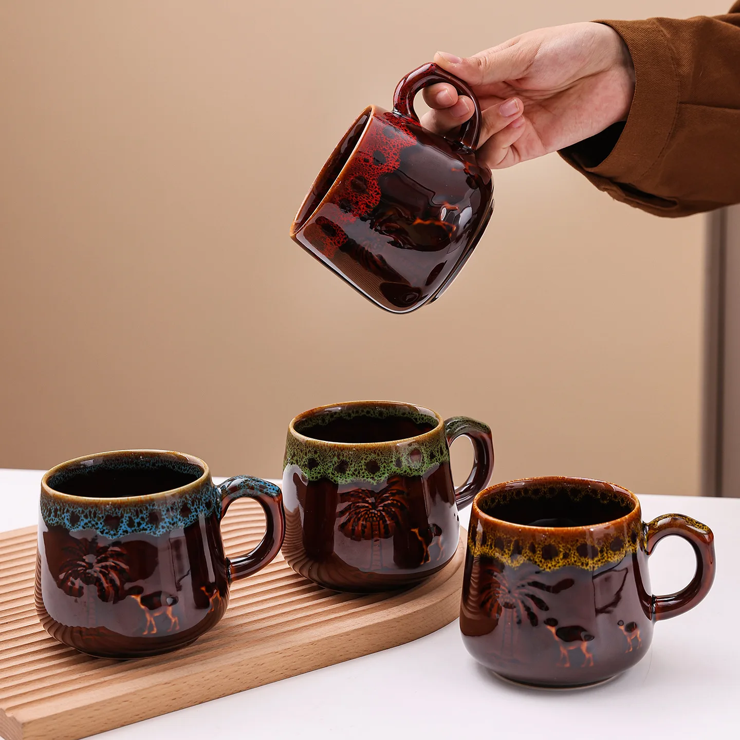 Retro Kiln Changed Ceramic Camel Coffee Mug Creative Desert Pattern Drinking Cup Souvenir Gift Household Daily Tableware