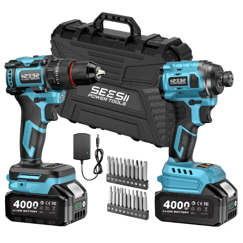SEESII 3/8'' Drill & 1/4'' Impact Driver 21V Cordless Electric Brushless Drill Impact Wrench Variable Speed Screwdriver with 2x4.0Ah Batteries LED Light