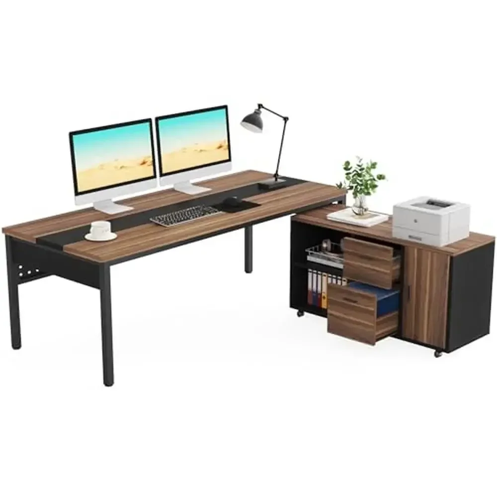 Large L-Shaped Executive Desk with File Cabinet Modern Home Office Workstation