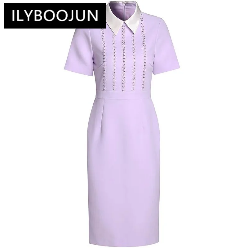 

ILYBOOJUN Fashion Women's New Summer Patchwork Turn-Down Collar Short-Sleeved Nail Beads Office Lady Pencil Hip Wrap Dresses