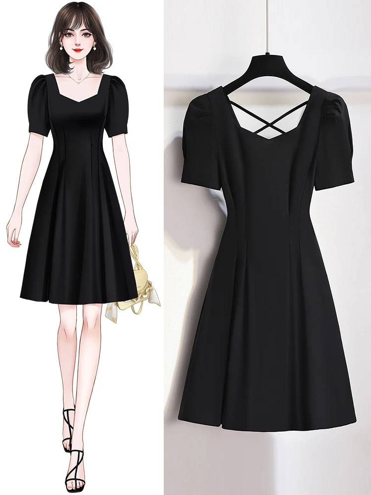 Hepburn wind little black dress summer female new small square collar slim temperament summer A-line skirt.