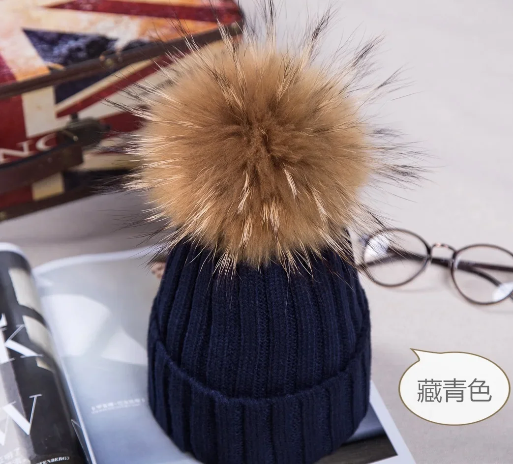 Gorro coreano de lana con bolas de piel de mapache sintético para mujer adulta, gorro con pompón grande de punto rizado de Color sólido, 15cm, Otoño e Invierno