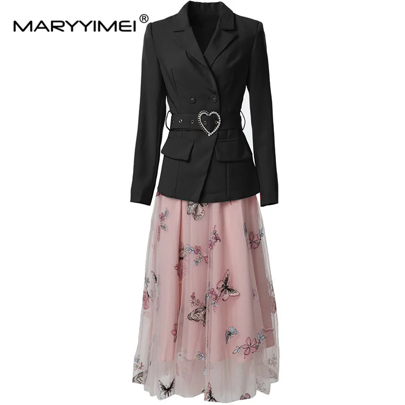 

MARYYIMEI Autumn and Winter Women's Suit Long-sleeve Double Breasted Notched Tops+Fashion Embroidery Skirt 2 piece set