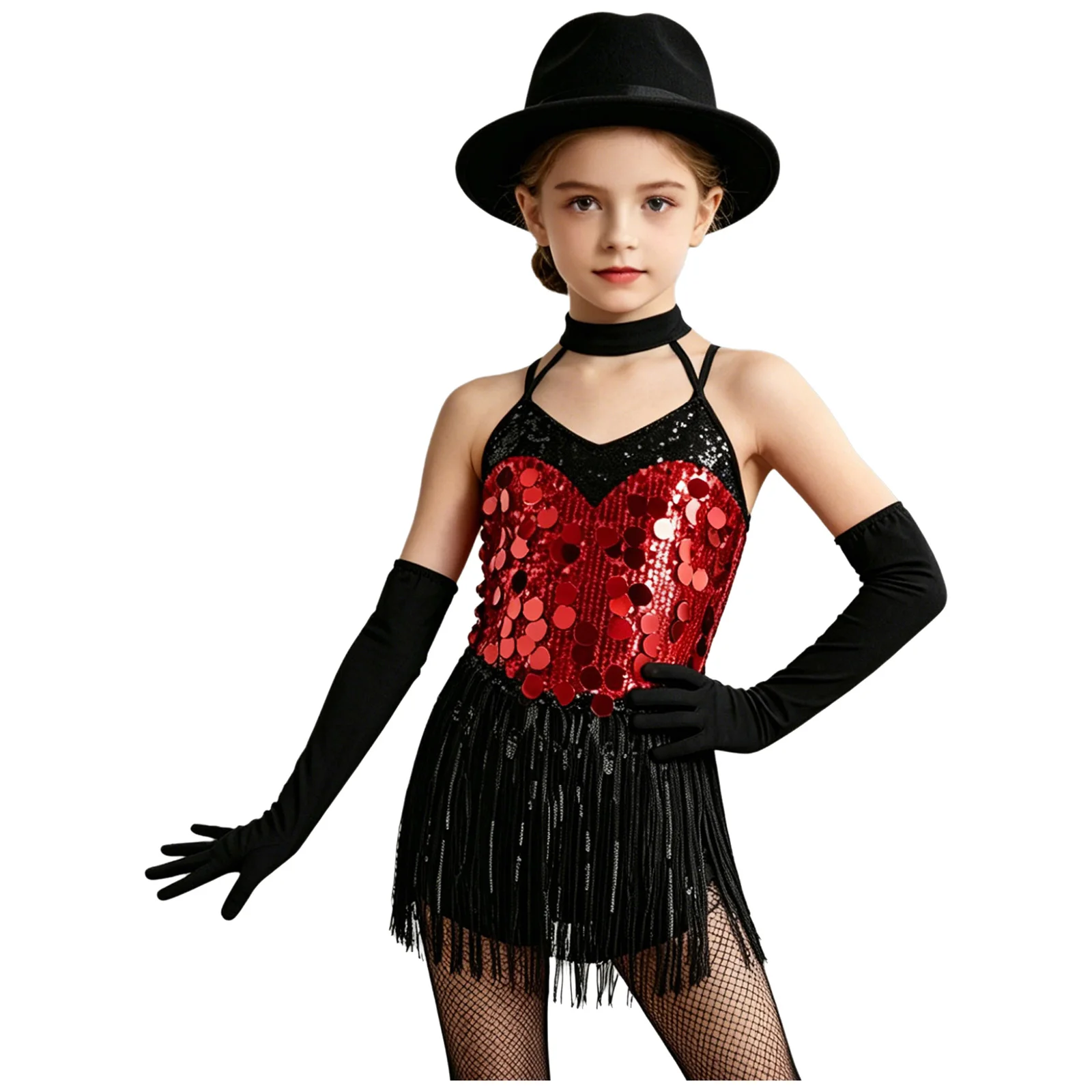 Kids Girls Tassels Latin Dance Leotard Dress Halter Strappy Sequins Fringed Dresses with Gloves for Ballroom Stage Performance - view 3