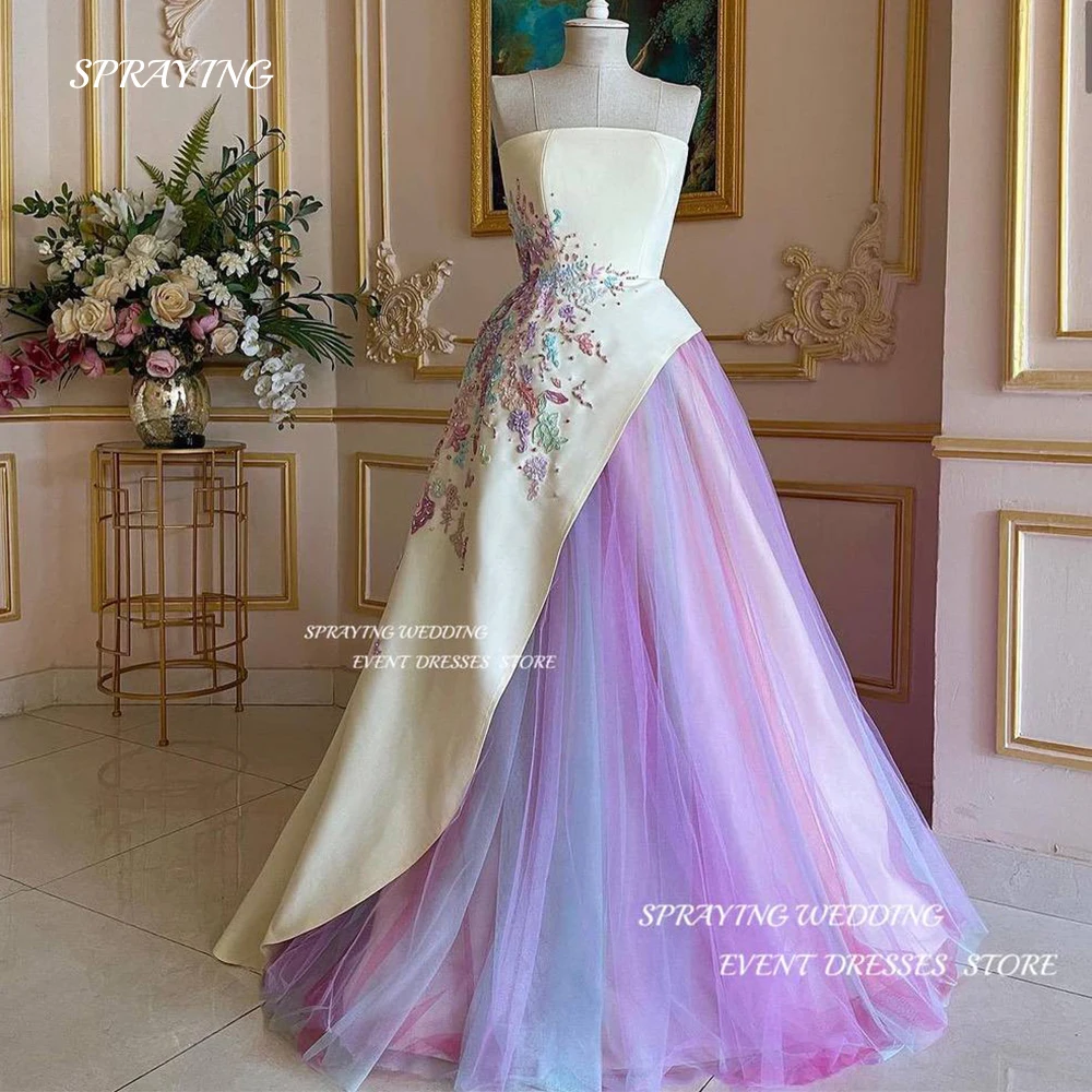 SPRAYING Special Color Block Evening Dress Colored Yarn Embroidery  Prom Gown A Line Strapless Formal Occasion Dress Customized